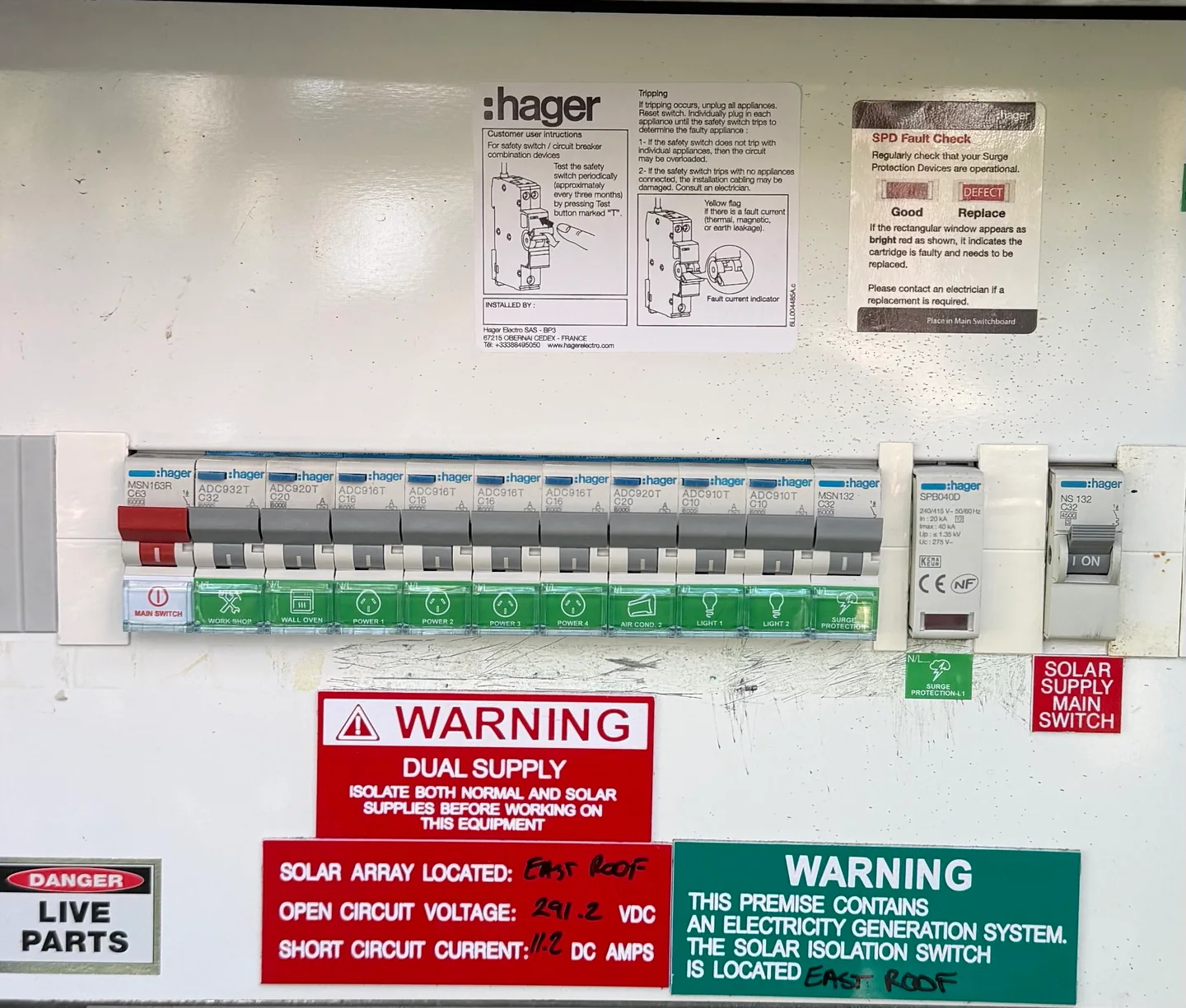 Switchboard with individually labelled safety switches for power, lighting, oven and air conditioning circuits, plus surge protection